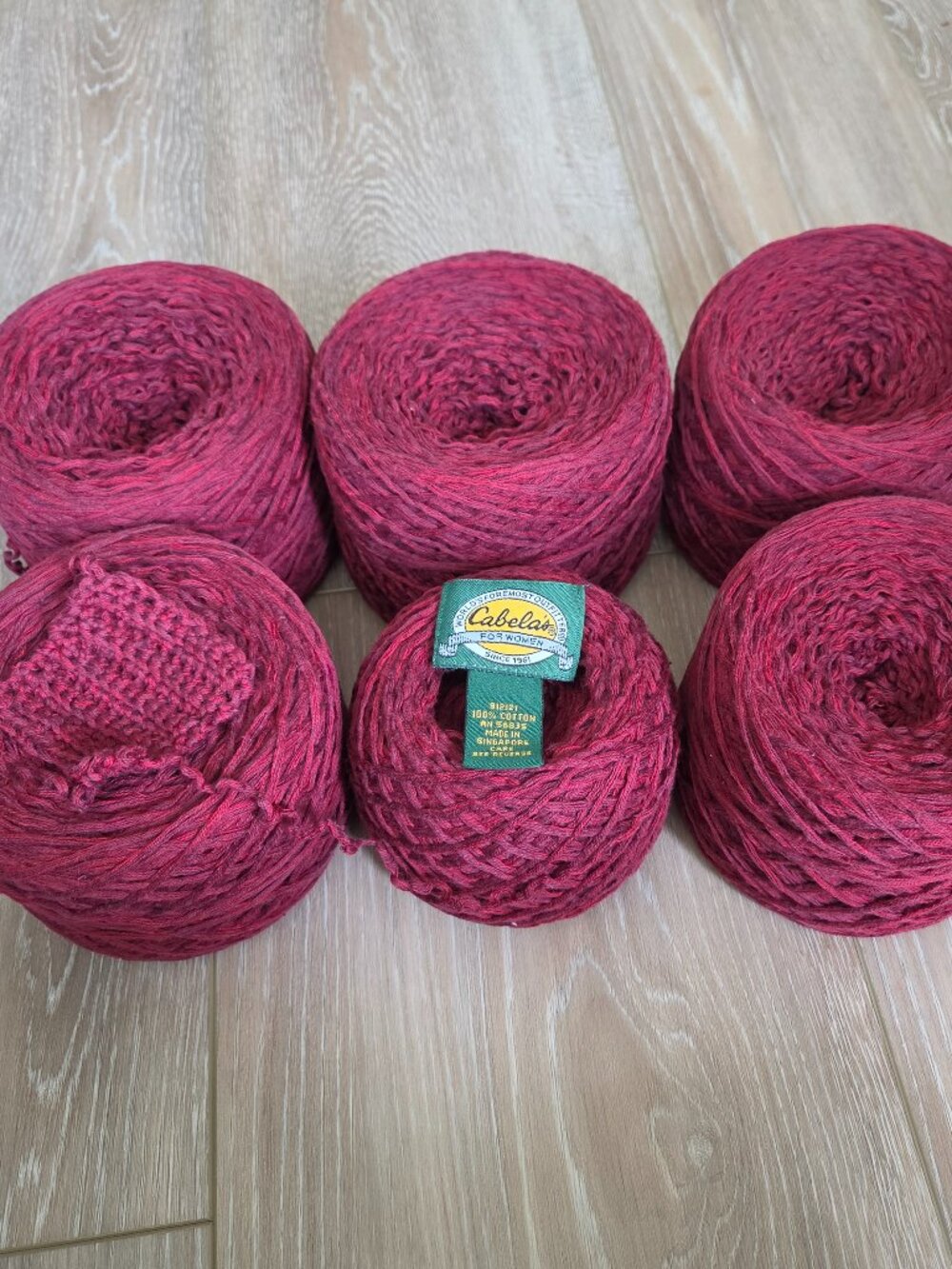Vintage Cabela’s 100% Upcycled Cotton Yarn Lot - 985g - Burgundy/Wine - 6 Cakes